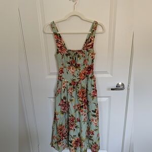 Floral Sage Midi Dress with Tie Front